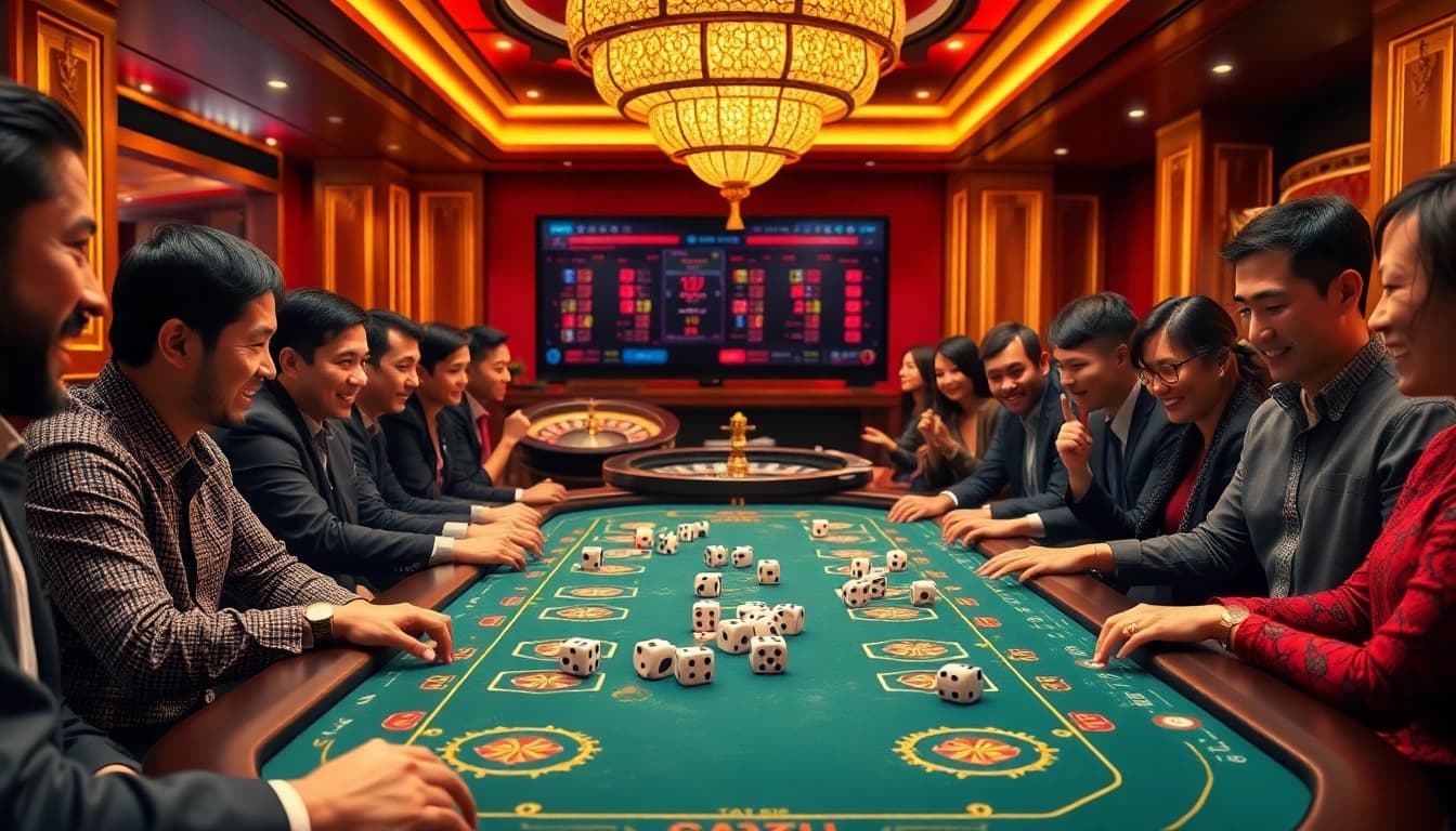 Tai Xiu online game scene with players rolling dice and placing bets at a luxurious casino.