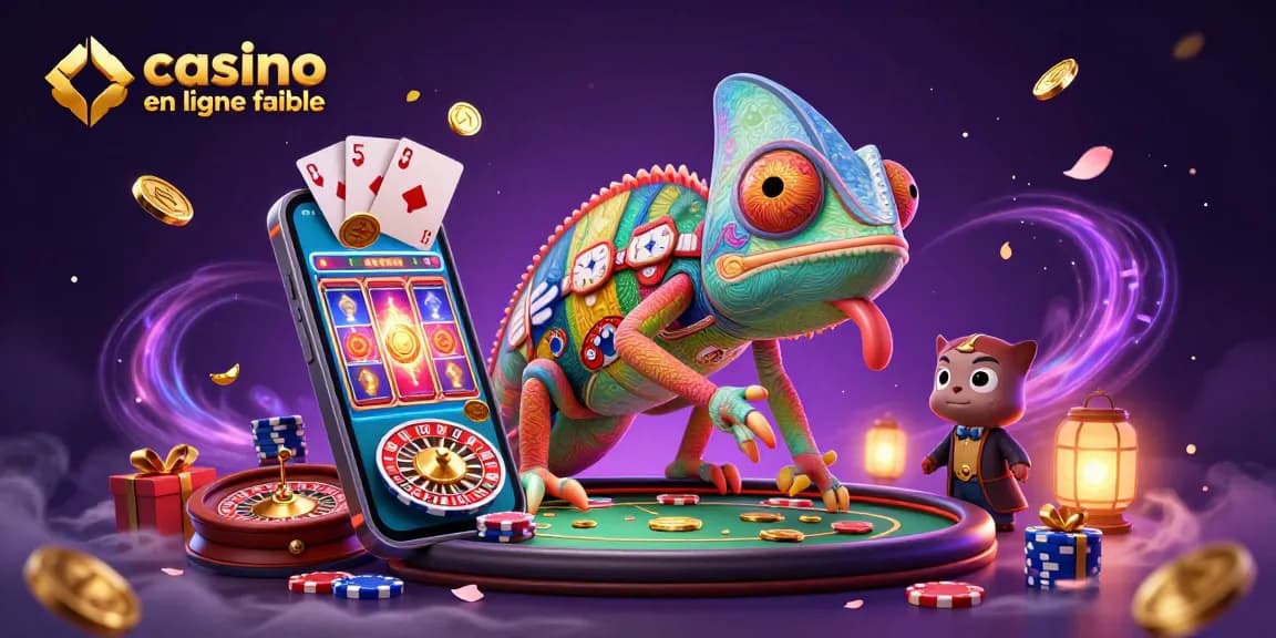 Visualisez une scène animée de casino en ligne fiable avec un caméléon et des éléments de jeu dynamiques.