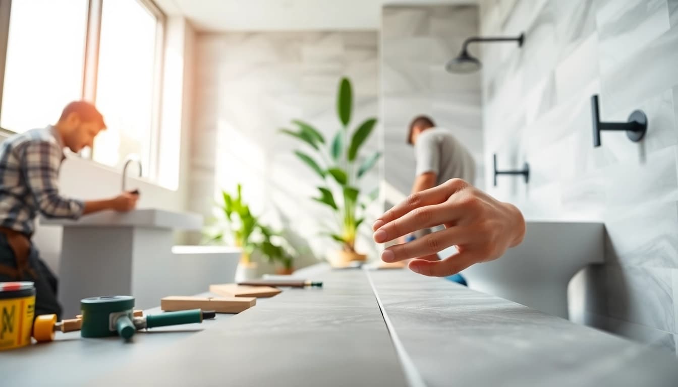 Skilled bathroom builders create a stunning modern bathroom renovation with detailed craftsmanship.