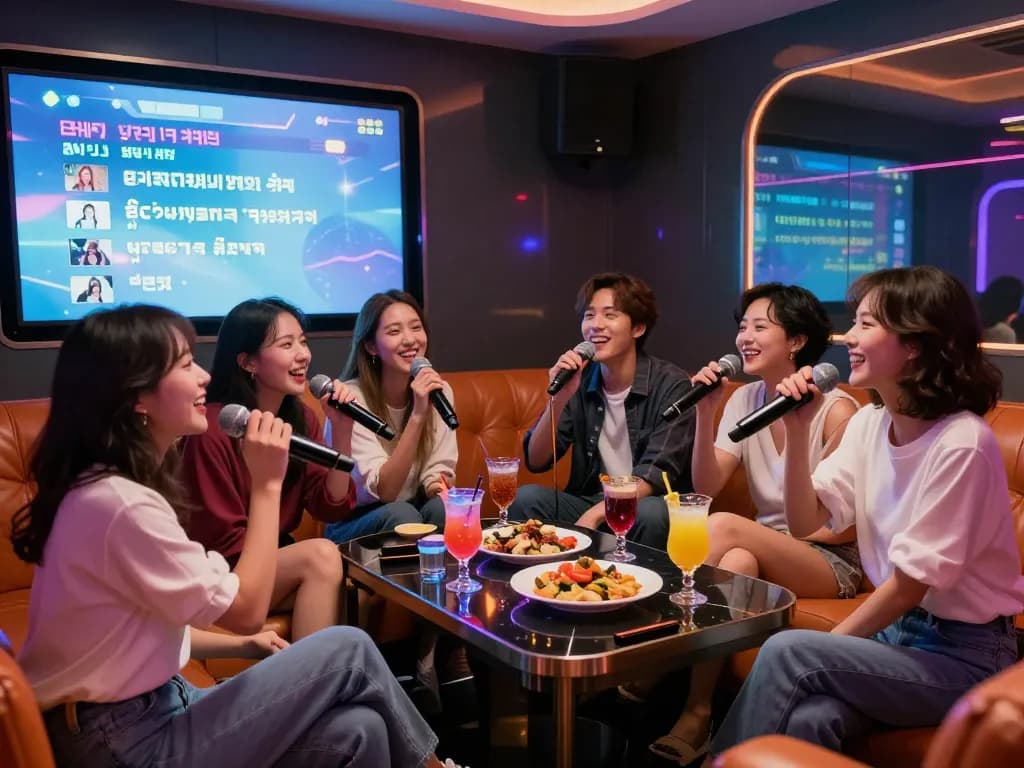 부평쓰리노에서 활기찬 조명과 간식이 있는 프라이빗 룸에서 노래방을 즐기는 그룹.