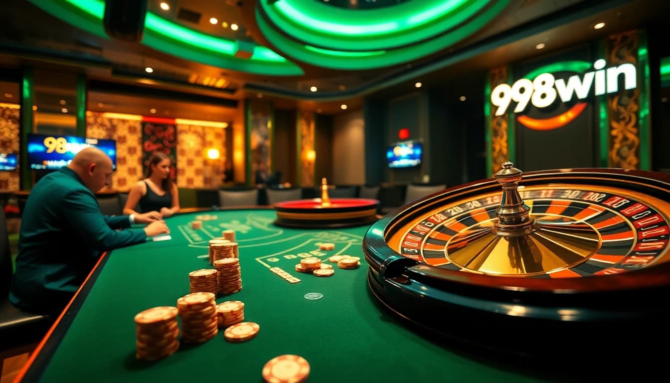 Experience thrilling poker action at 98win's modern gambling table with vibrant lights and chips.