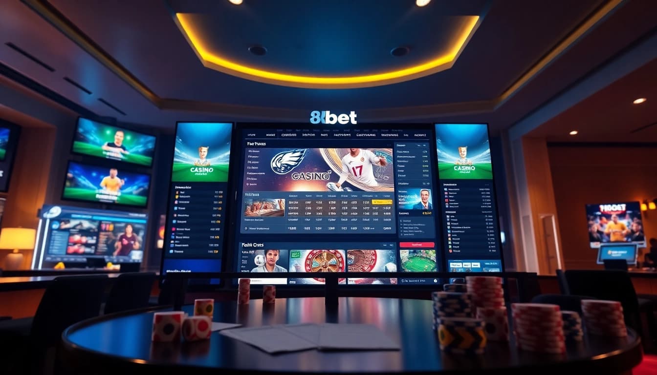 8kbet online betting platform showcasing sports and casino games with a luxurious ambiance