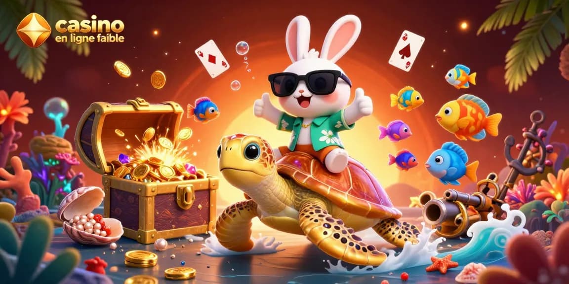 Illustration d'un casino en ligne fiable, mettant en scène un lapin chanceux sur une tortue dorée tirant des trésors marins et des éléments de jeu.