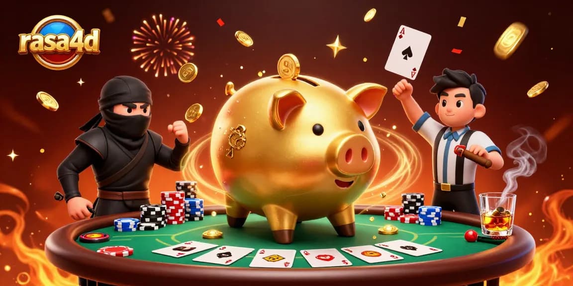 Rasa4d menyajikan piggy bank emas berukuran besar dan karakter lainnya dalam aksi beruntung di kasino.