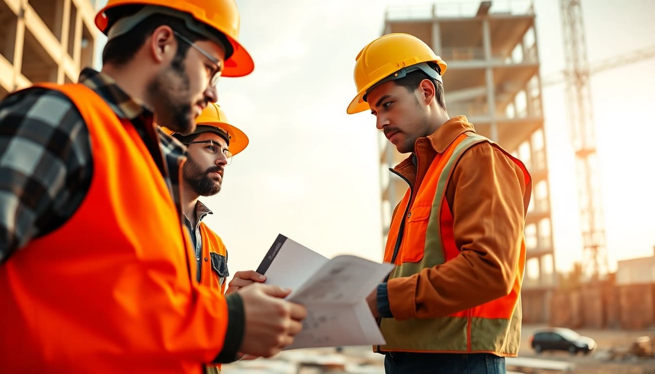 Engaged professionals pursuing Careers in construction at a busy job site with teamwork and tools.
