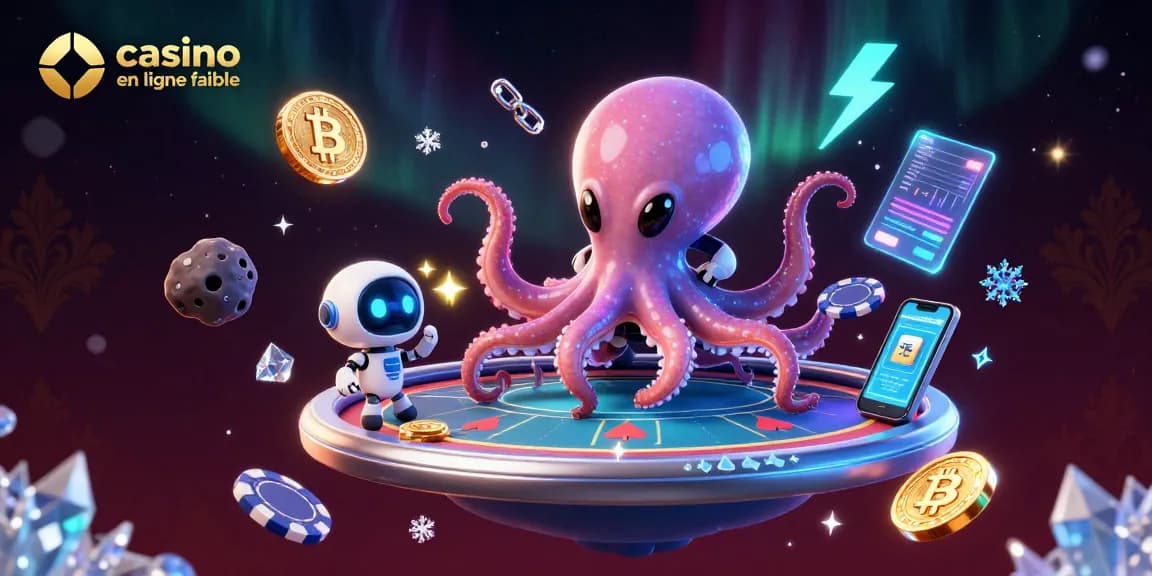 Jouez sur un casino en ligne fiable avec une illustration représentant une pieuvre extraterrestre à une table de poker futuriste.