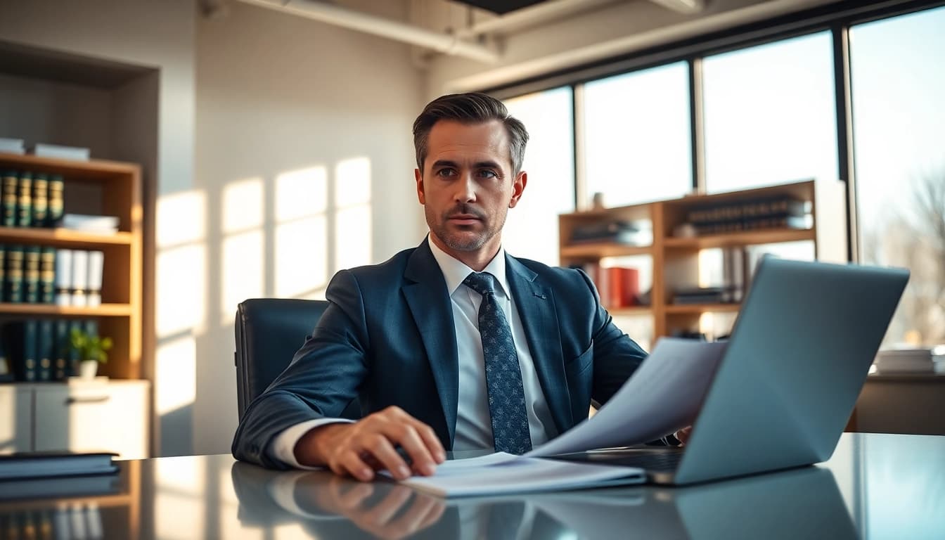 Capable South Dakota car accident lawyer consulting with a client in a modern office setting.