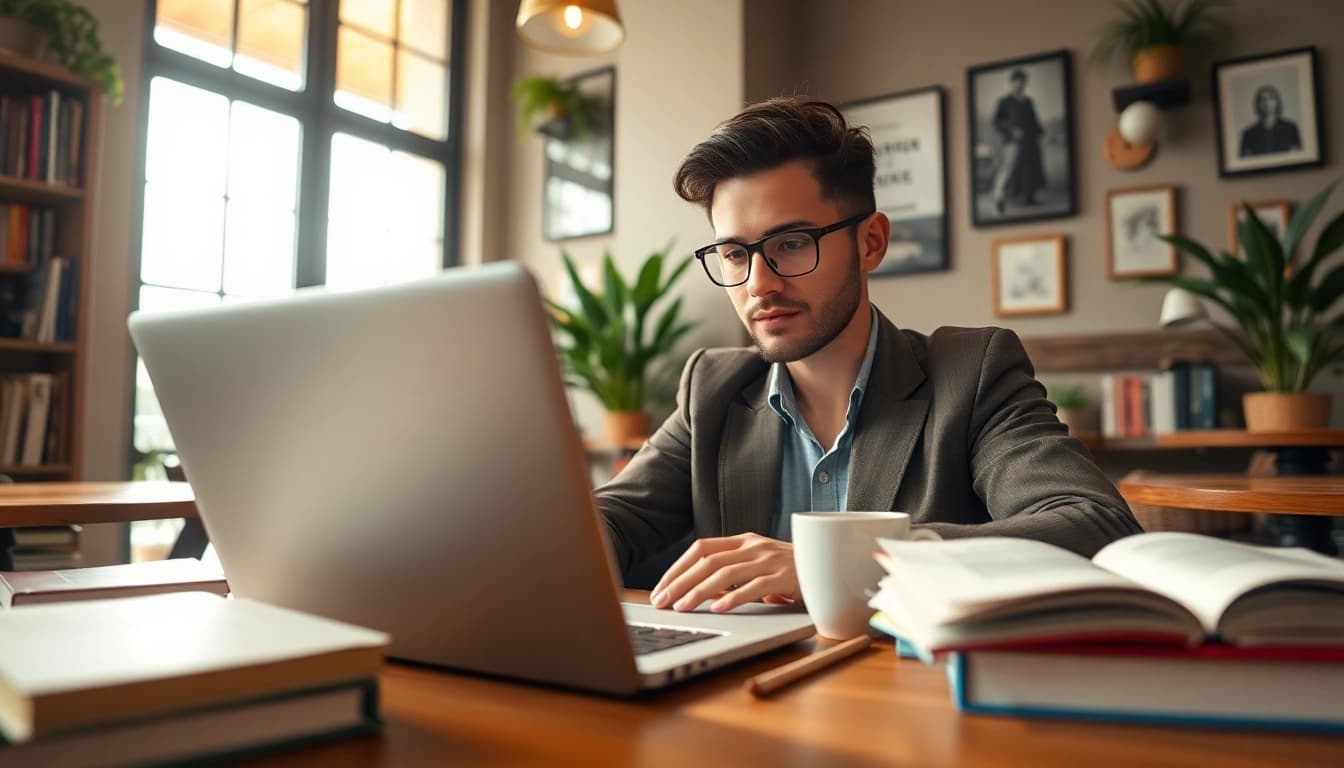 Engaging moment of a journalist at suntimesnews.com working in a cozy coffee shop, highlighting their focus.
