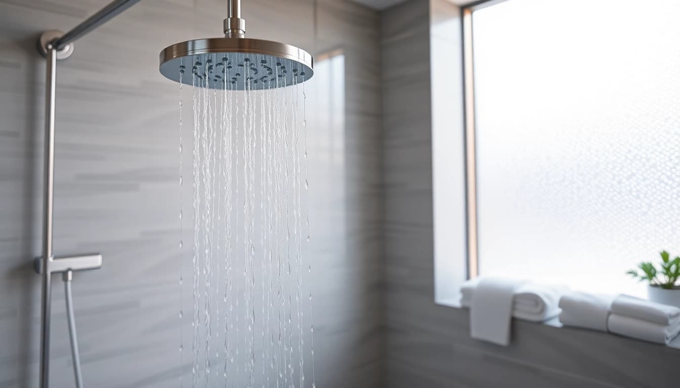 Experience elegant showers through a modern bathroom design with luxurious features and natural lighting.