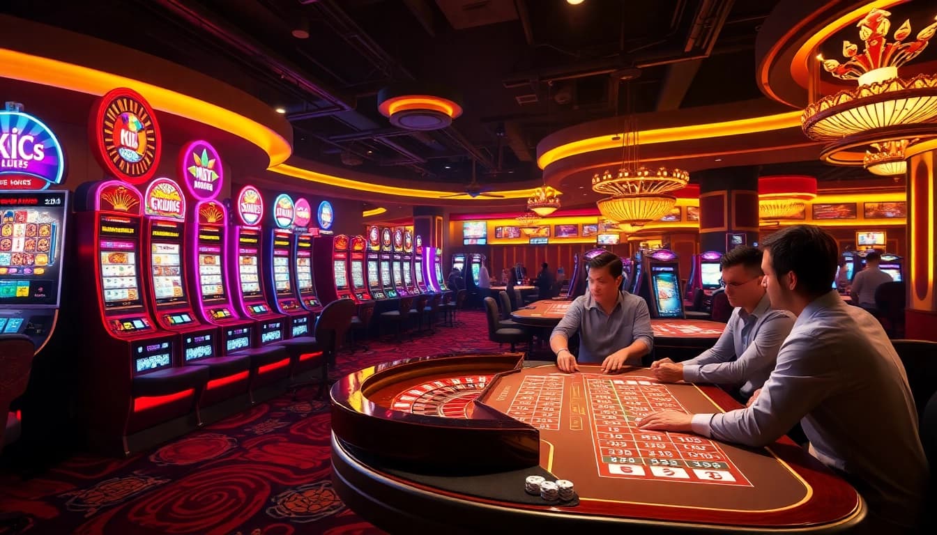 KJC AC 1 casino with vibrant slot machines, roulette tables, and players enjoying poker.
