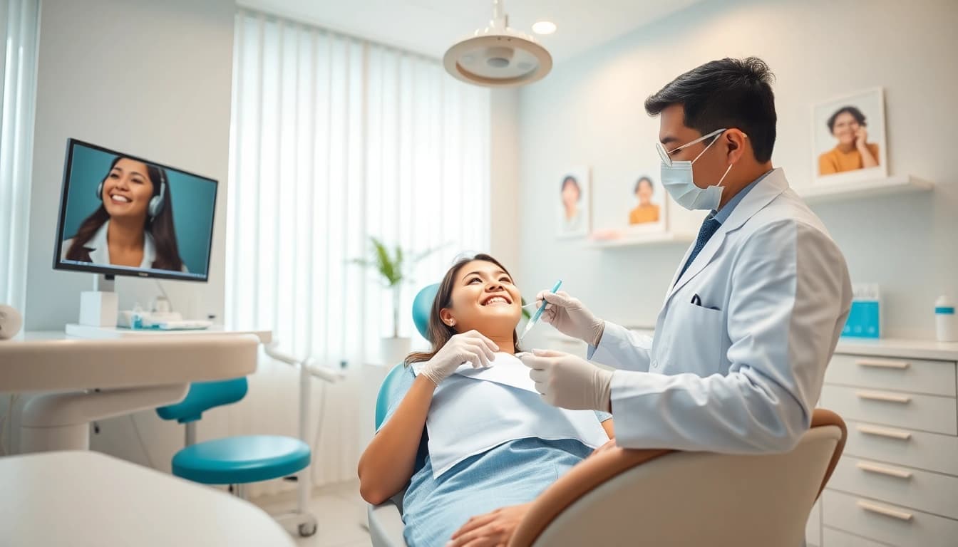 Teeth whitening malaysia treatment in a professional dental clinic environment, showcasing patient-dentist interaction.