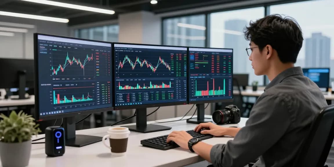 AiCoin 提供实时加密货币数据分析的开发者，专业化现代办公环境背景。