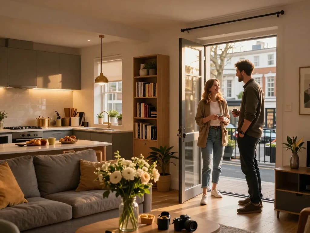 Airbnb management London: Stylish host greets guests in a cozy London apartment with fresh flowers and warm lighting.