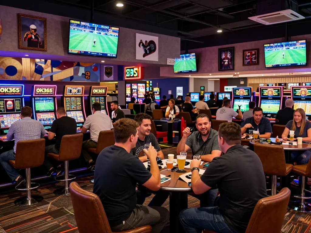 Patrons engaging in sports betting at OK365 casino, screens displaying live odds and games.