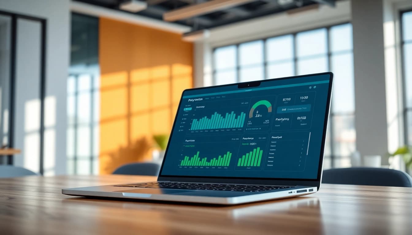 Visually engaging payment software interface on laptop highlighting key functionalities.