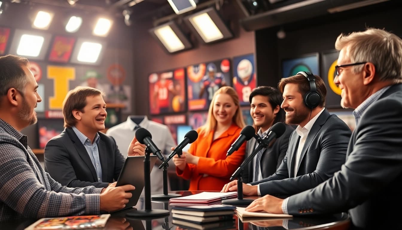 Engaged sports journalists discussing insights on sportsbytes.com.ph in a vibrant studio.