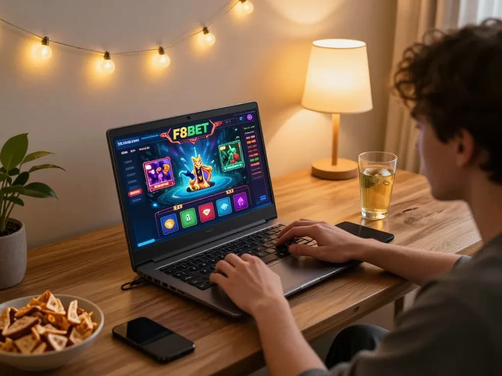 F8BET user engaging with online casino gaming on laptop in a cozy living room setting.