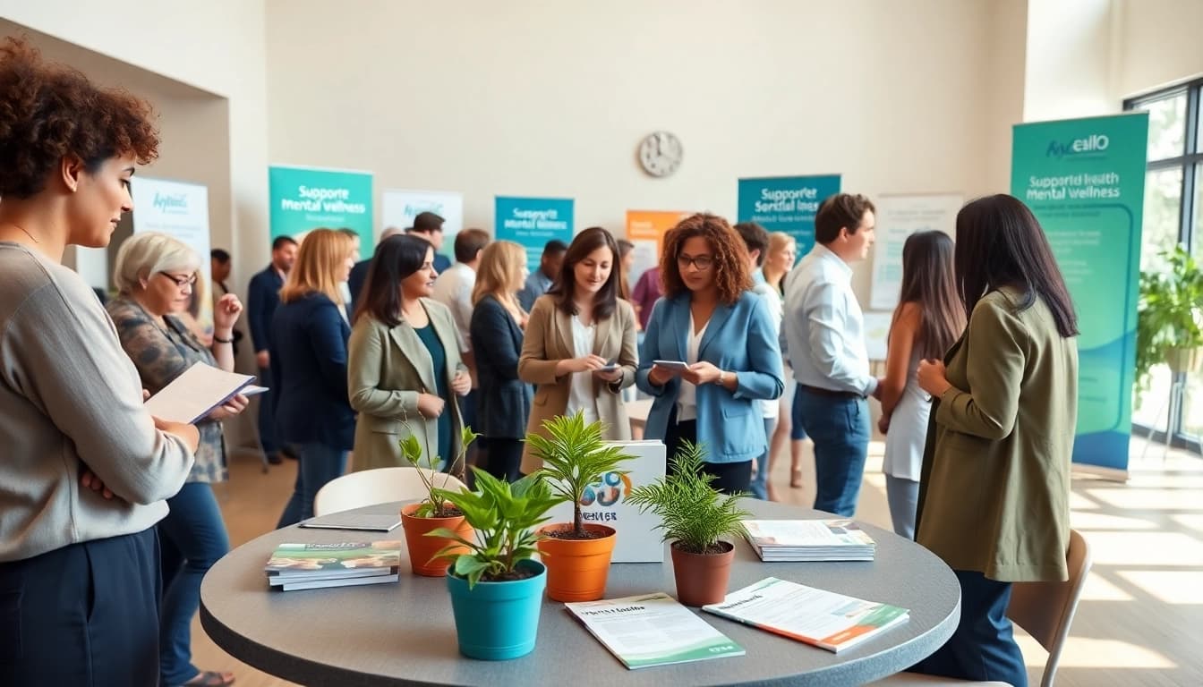 Mental health awareness discussions in an inviting community space with diverse participants.