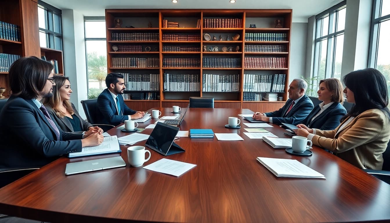 Discussing legal strategies at https://www.steinhardtlawfirm.com in a sophisticated office.