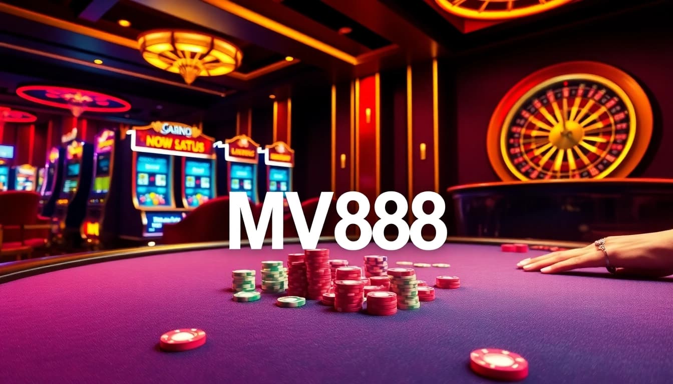 Action-packed casino scene with players at MV888 poker table and vibrant slot machines.