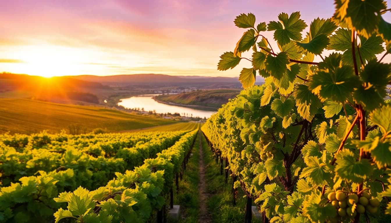 A picturesque view of Clarksburg wines vineyards at sunset highlighting vibrant grapevines.