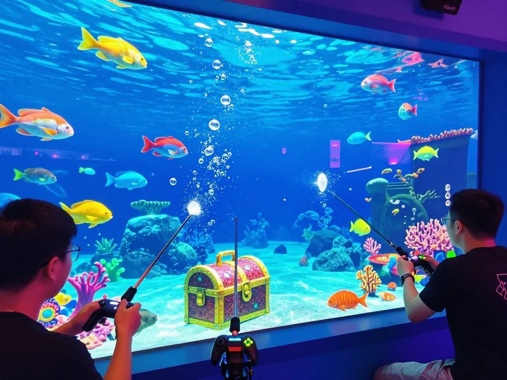 Bắn cá hubet88 game scene showing players shooting colorful fish in an immersive underwater world.
