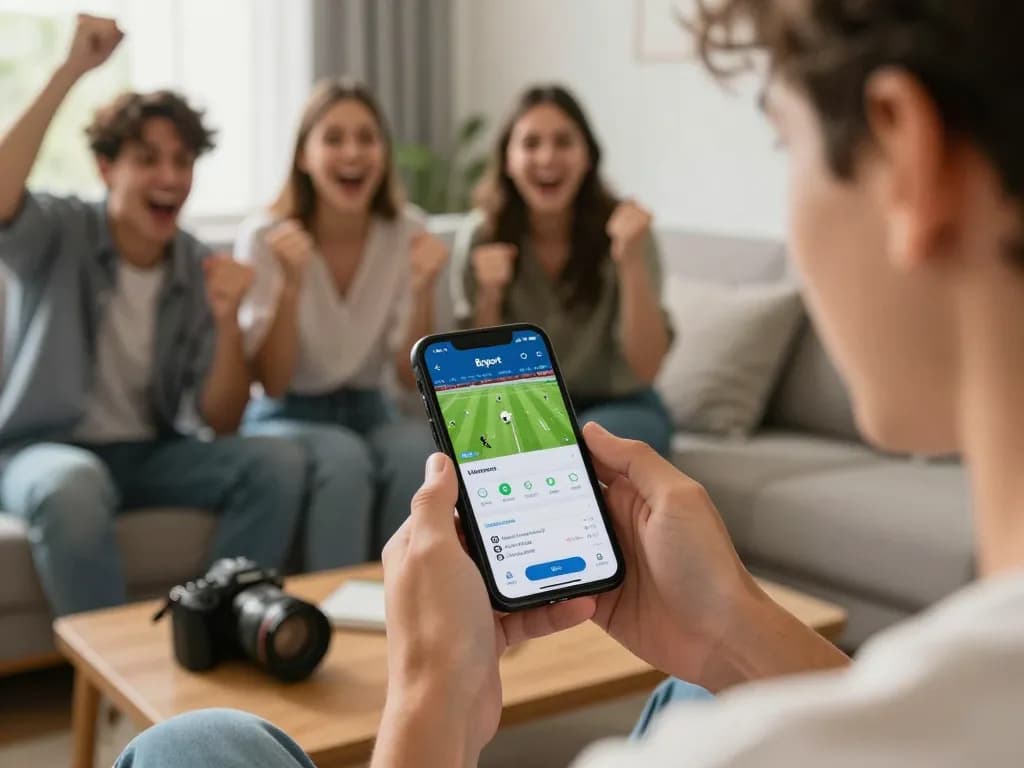 Placing bets on Bsport app during a live football match viewing party at home