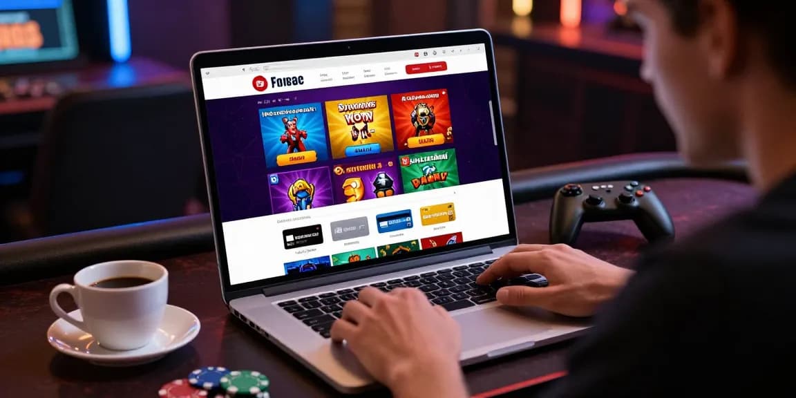 Player enjoying casinos that accept credit card at a laptop with vibrant game selections and promotional banners.