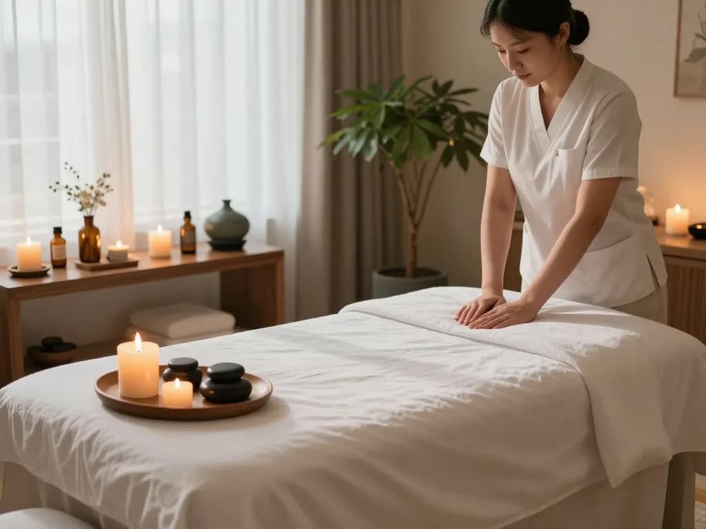 Experience 강남마사지 in a serene and luxurious spa environment, featuring plush decor and calming light.