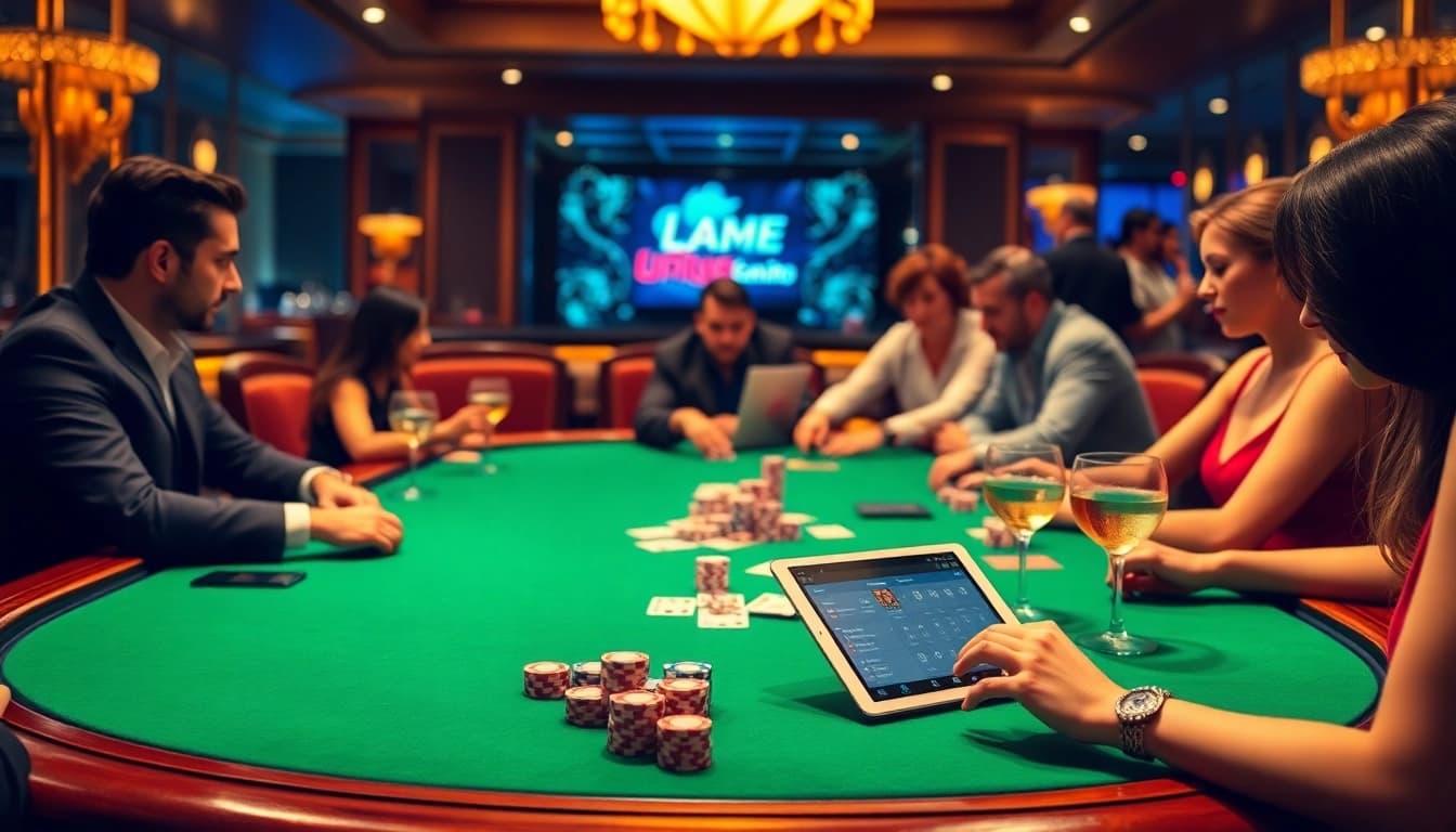 Experience the thrill of idn poker at an elegant casino table with players immersed in action.