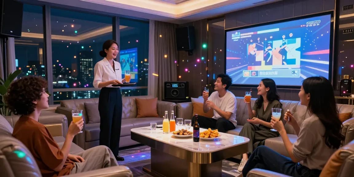 강남쩜오구구단의 고급스러운 프라이빗 카라오케 룸에서 손님들이 즐거운 시간을 보내는 모습