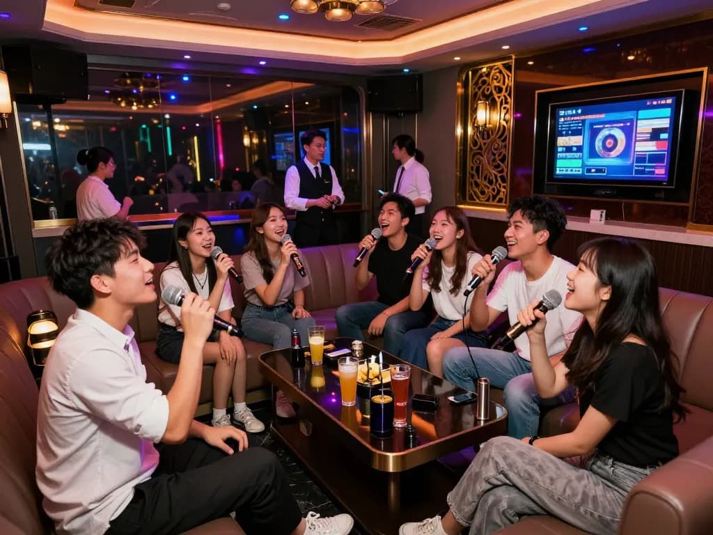 생기 넘치는 카라오케 분위기와 음료를 즐기고 있는 친구들의 활기찬 그룹, https://www.3no.org/에서의 엔터테인먼트.