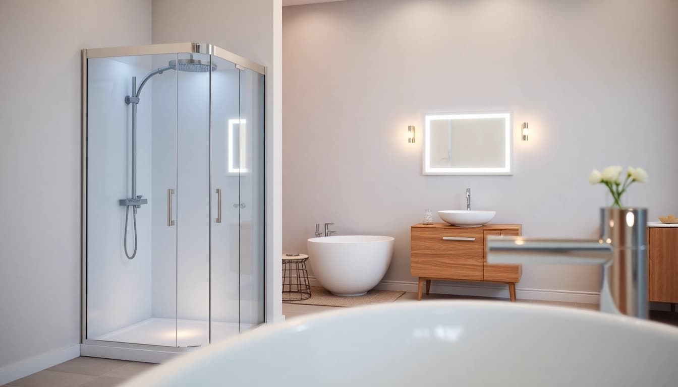 Découvrez le mobilier sirhona dans une salle de bain moderne avec cabine de douche et miroir LED.