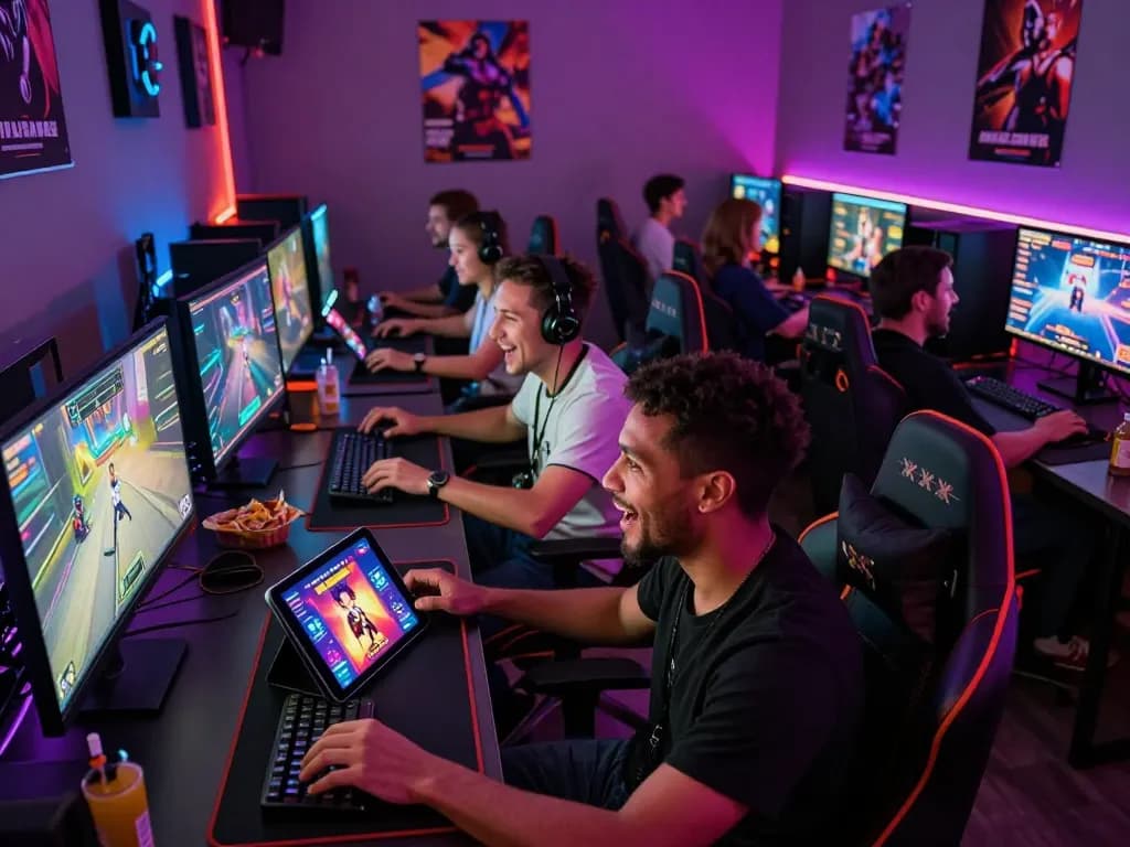 Group enjoying xxx games in a vibrant gaming lounge with various devices and lively atmosphere.