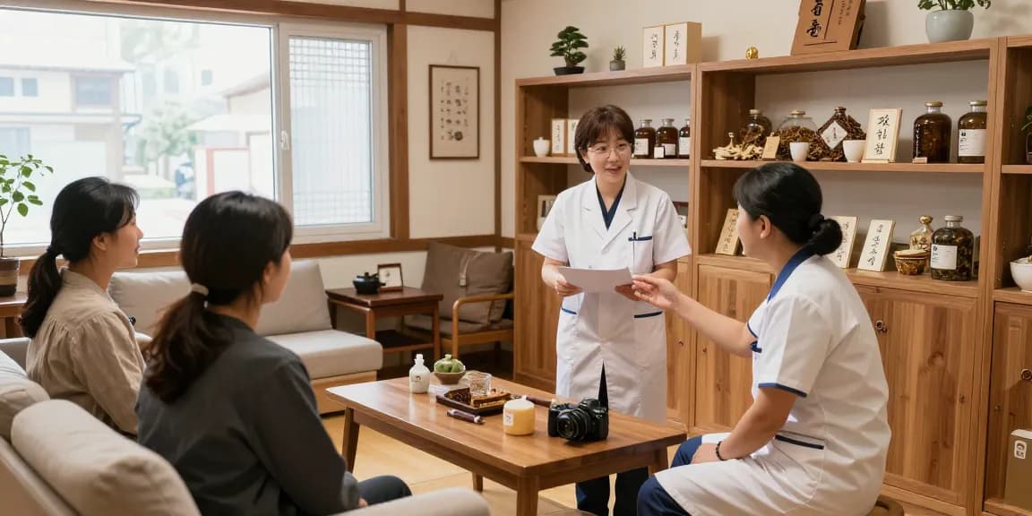 Engaging staff at 수원한의원 discussing patient treatment amidst herbal remedies and warm decor.