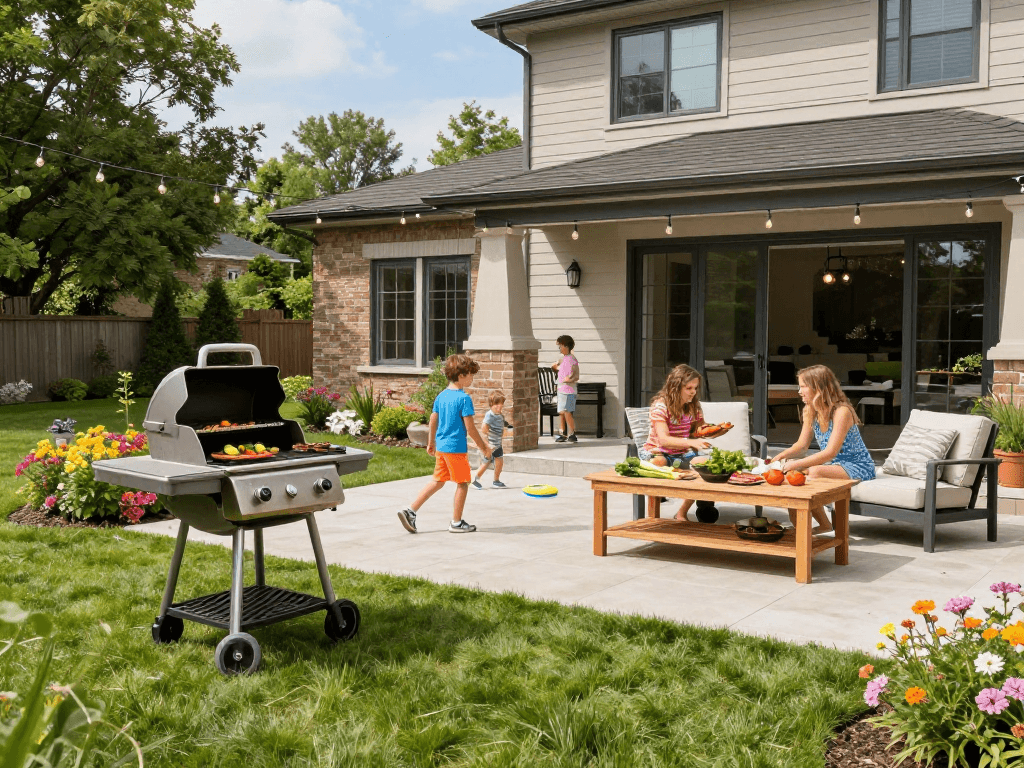 A charming outdoor family gathering in Ancaster featuring Stephen Gleave's modern home design.