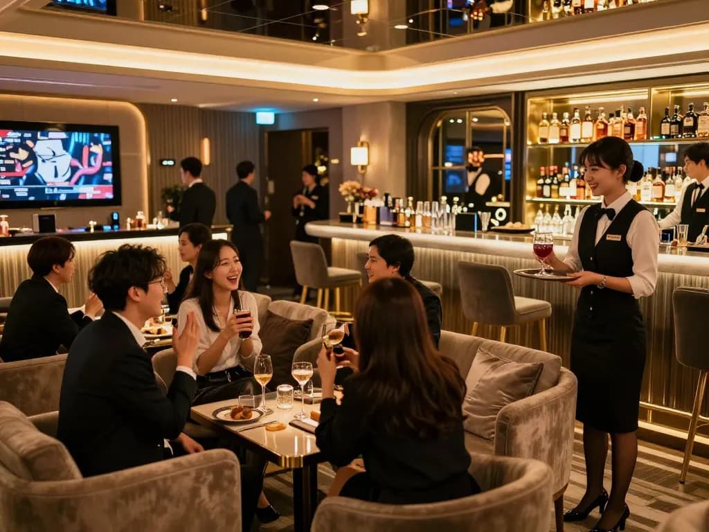 Guests enjoying the upscale atmosphere at 강남쩜오, featuring elegant decor and vibrant nightlife.