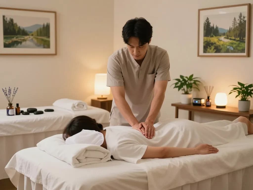 편안한 아로마 테라피와 함께하는 평온한 스파 환경에서의 릴렉싱 포항스웨디시 마사지 요법 세션.
