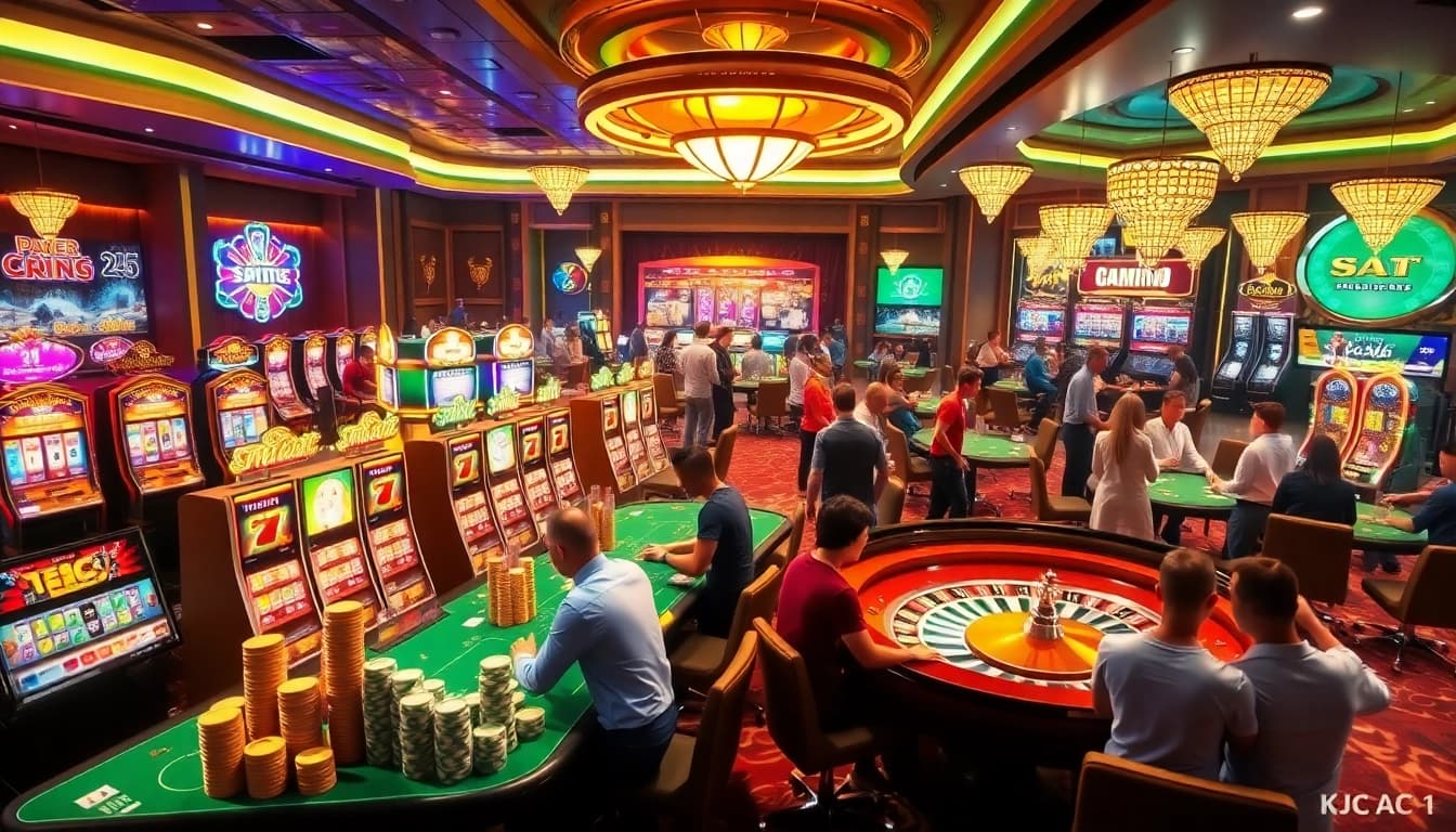 Experience the vibrant gambling world of KJC AC 1 with players enjoying casino tables and slot machines.