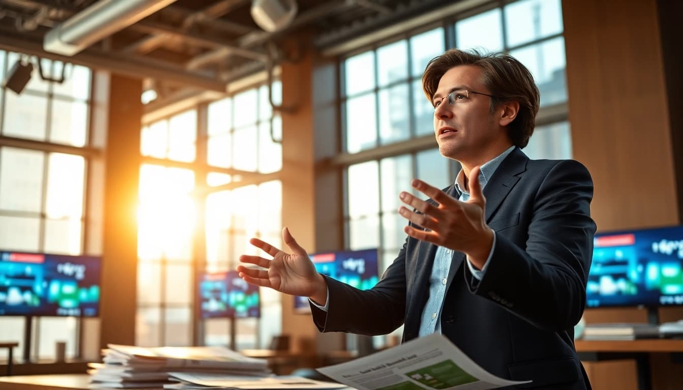 Journalist presenting the latest news in a vibrant newsroom setting.