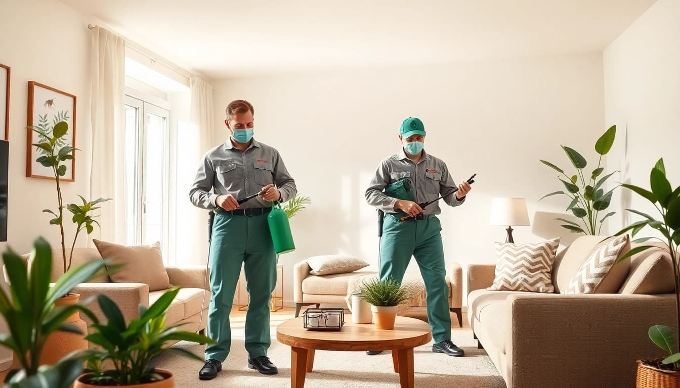 Applying home insect treatment service by professionals in a clean living room.