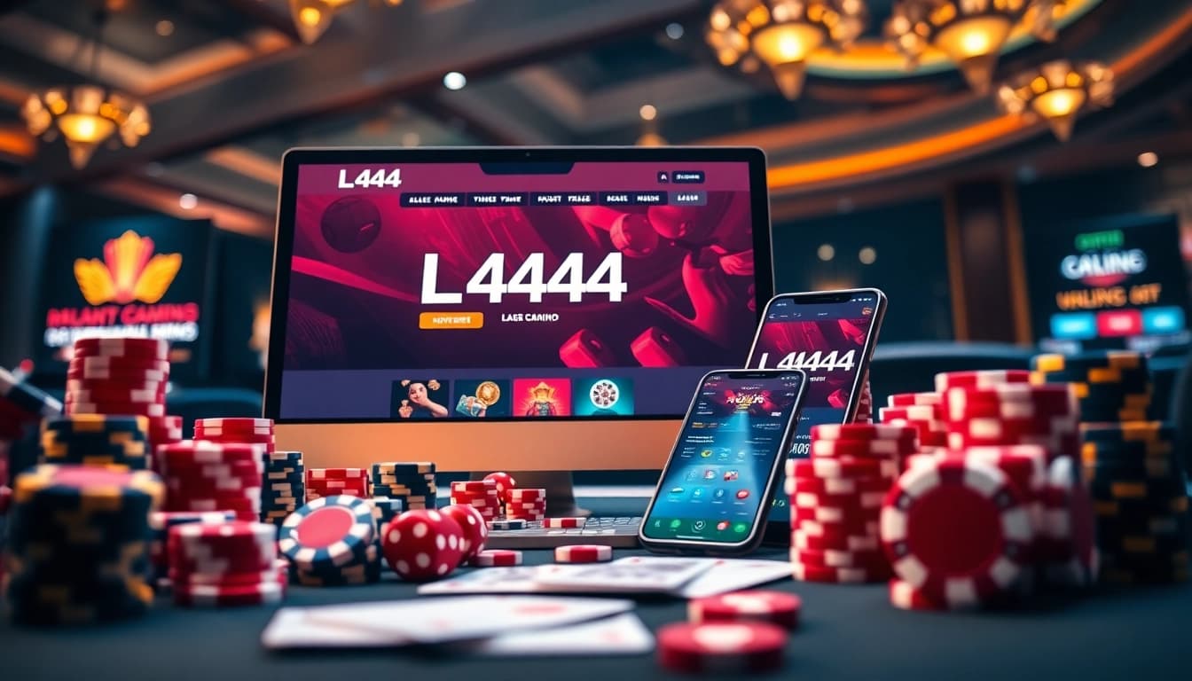 L444 online gambling interface with vibrant casino elements like poker chips and playing cards.