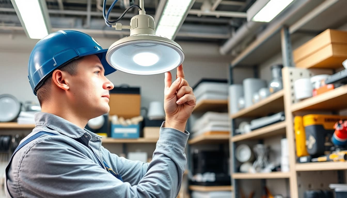 Technician engaged in lighting service maintenance, ensuring safety and efficiency.