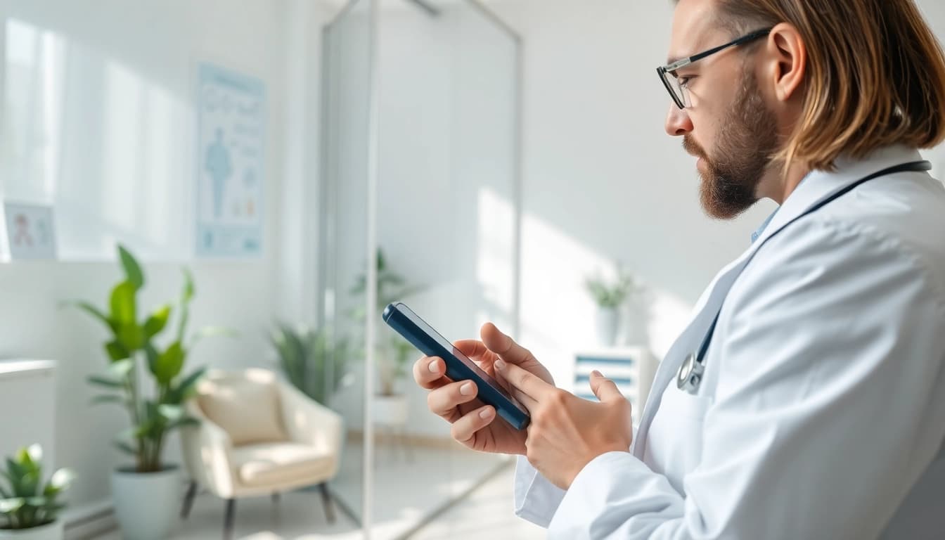 Text a licensed doctor online in a modern medical setting with a healthcare professional.