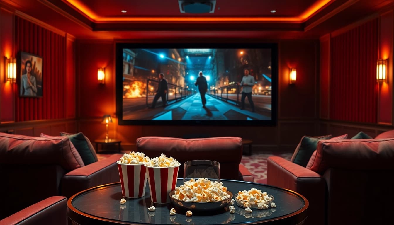 Enjoy watching ดูหนัง in a cozy home theater with cinematic ambiance and comfortable seating.