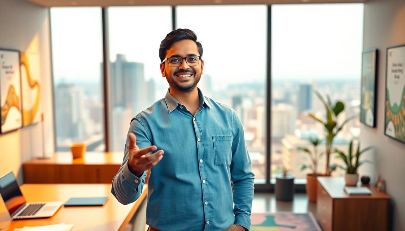 Showcasing an Indian entreprenure confidently speaking in a modern office environment.