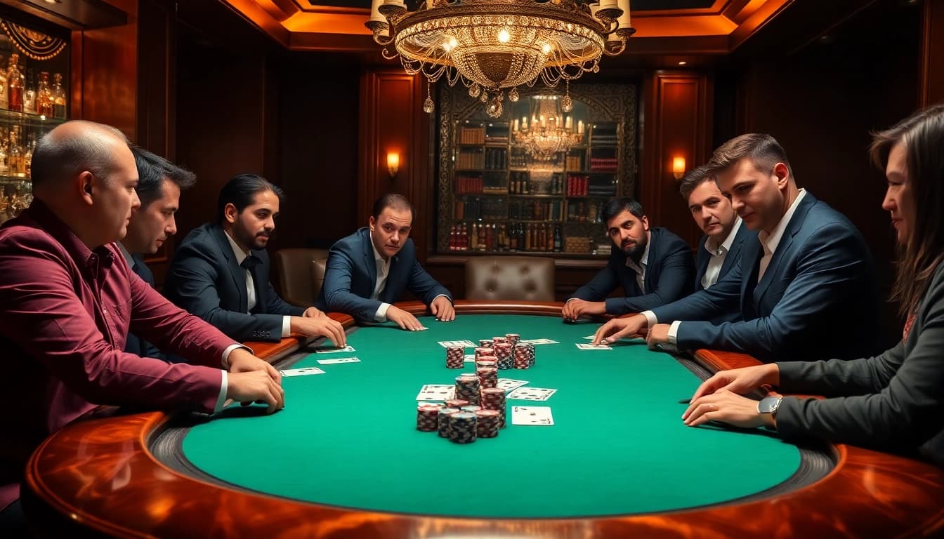 Lc88 poker players strategizing at an elegant casino table amidst vibrant chips and cards.