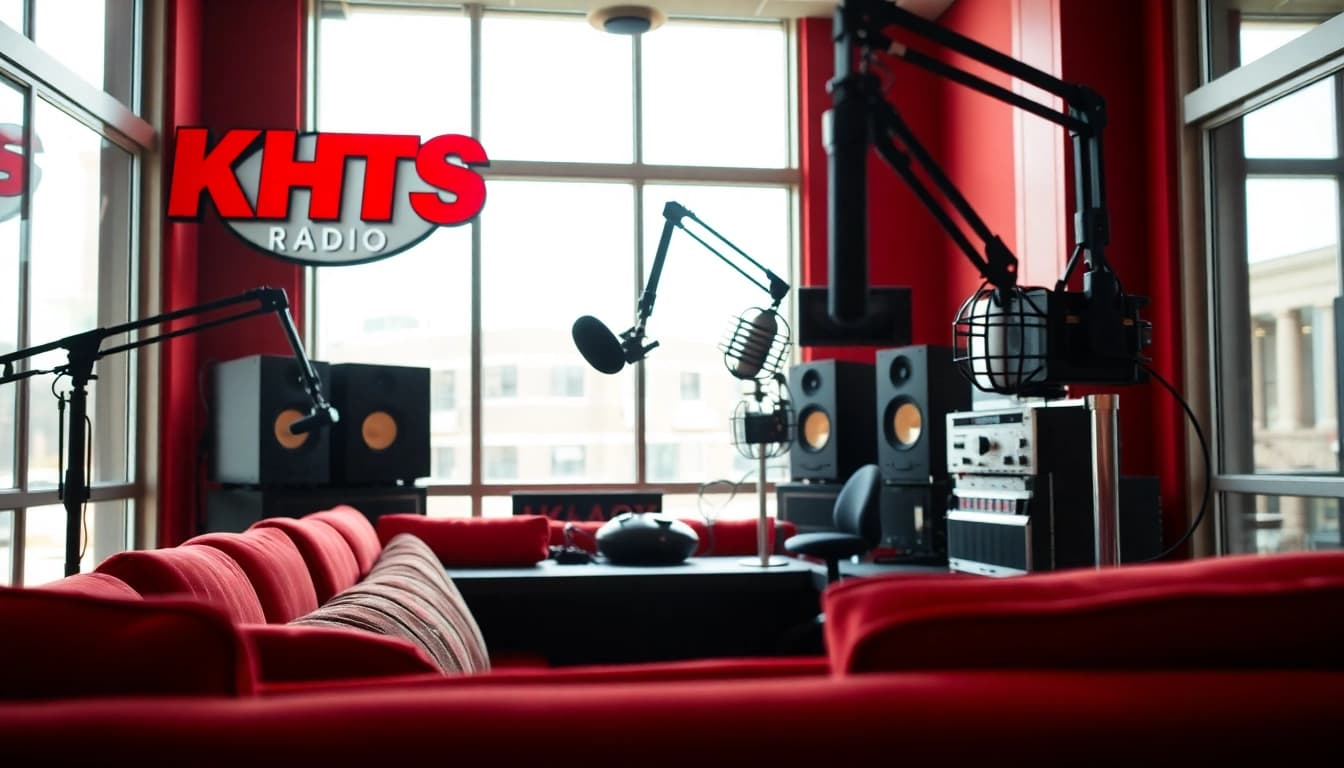 Listen live at hometownstation.com from an energetic radio studio showcasing vibrant colors.