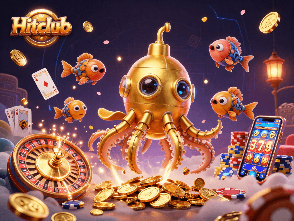 Experience the thrill of Hitclub's vibrant casino scene featuring a golden kraken submarine with dynamic gameplay elements.