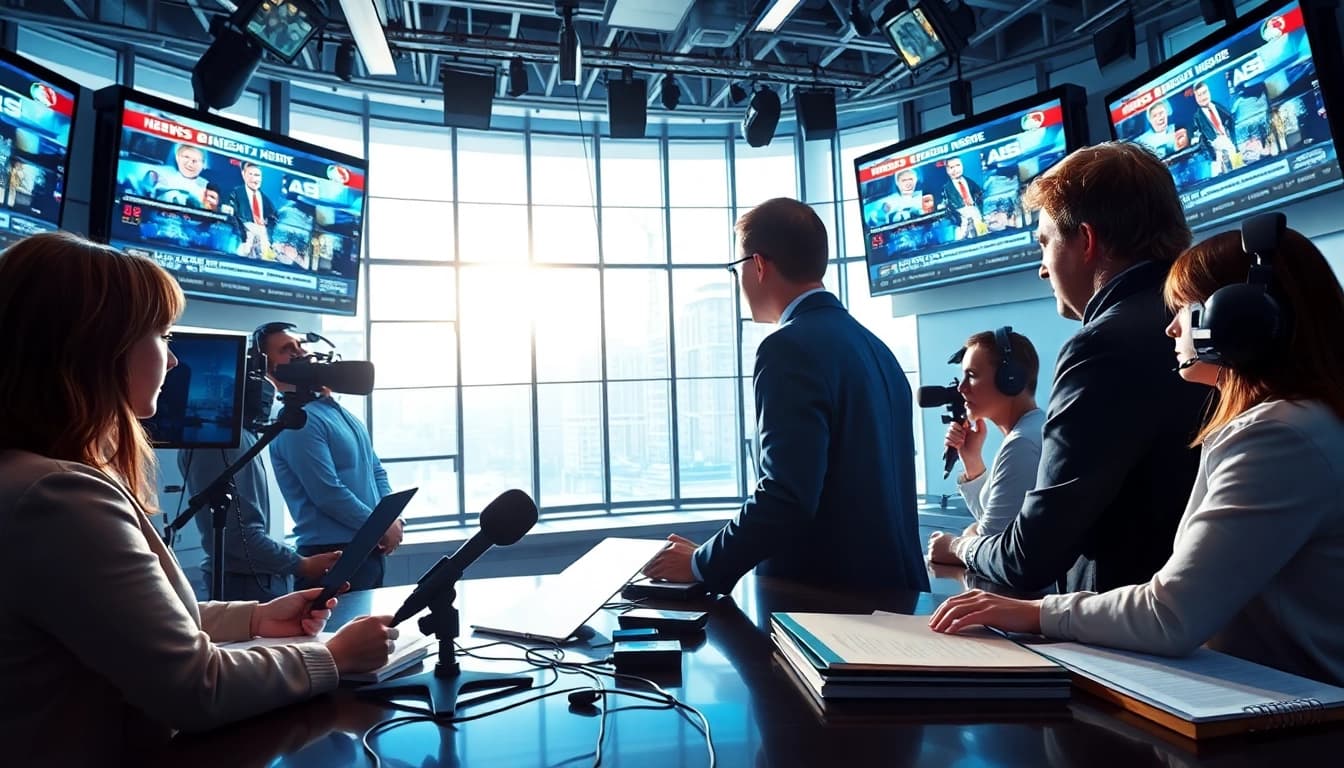 Journalists actively report breaking news at https://news-parade.com.ua in a vibrant newsroom.